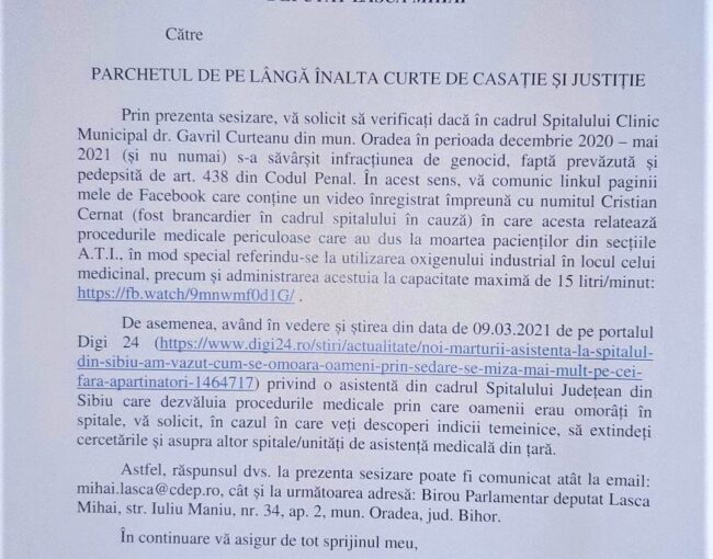 Plângere penală pentru GENOCID depusă de deputatul Mihai Lasca la PARCHETUL DE PE LÂNGĂ…